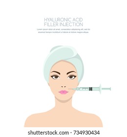 Cosmetology and beauty concept. Beautiful woman having rejuvenating injection against the wrinkles. Vector illustration of hyaluronic acid filler injections, botox, neurotoxin, mesotherapy procedures.