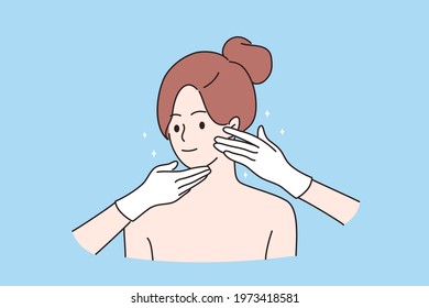 Cosmetology and beauty concept. Face of young smiling pretty woman cartoon character and hands of cosmetologist touching her face during skincare treatment vector illustration 