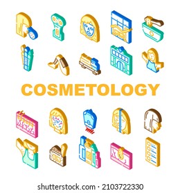 Iconos De Procedimiento De Belleza Cosmetología Set Vector. Levantar La Piel De Cara Con Máscara Facial De Dispositivo Electrónico, Ametralladora Y Pierna De Depilación, Prueba De Alergia De Tratamiento Corporal De Cosmetología Isometric Signos Ilustraciones De Color