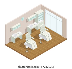 Cosmetology Beauty Salon Isometric Interior Composition With Window Closet Furniture Shelves And Two Hydraulic Facial Beds Vector Illustration