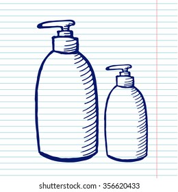 Cosmetology bottles on copybook background. Free hand drawn. Vector illustration.