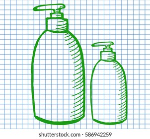 Cosmetology bottles on copybook background. Free hand drawn. Vector illustration.