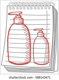 Cosmetology bottles on notebook background. Free hand drawn. Vector illustration.