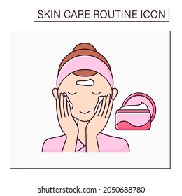 Cosmetology color icon. Moisturized facial cream. Woman doing beauty procedures. Skin softer and less dry.Skin care routine concept. Isolated vector illustration