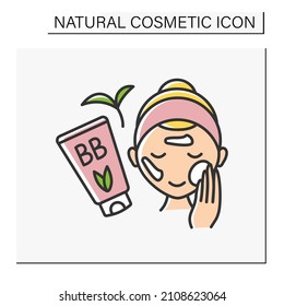 Cosmetology color icon. Woman smears cream on face. Makeup artist. Beautiful BB foundation. Beauty procedure. Natural cosmetic concept. Isolated vector illustration