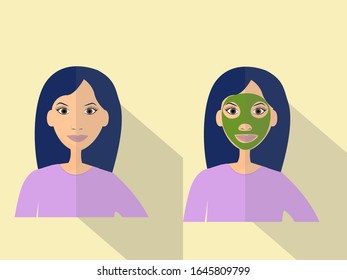 Cosmetology concept, flat illustration in vector design. Woman with facial skincare mask. 