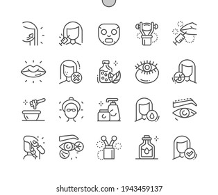 Cosmetology. Cosmetic mask. Perfect lips. Eyebrow correction. Facial massagers. The beauty care and woman procedure. Pixel Perfect Vector Thin Line Icons. Simple Minimal Pictogram