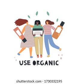 Cosmetology and dermatology concept. Beautiful and healthy girls hold a cosmetics. Flat vector illustration. Web design for banner, poster and card