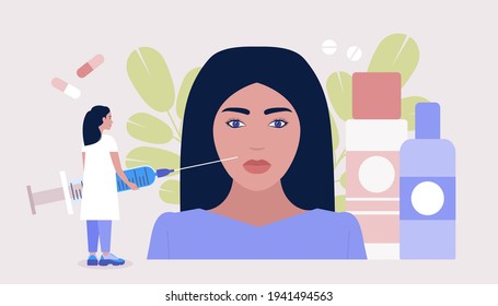 Cosmetology, dermatology concept. Cosmetologist makes procedure in a beauty salon. Colorful flat vector illustration
