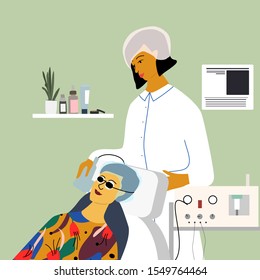 Cosmetology, dermatology concept. Dermatologist making photo rejuvenation procedure to woman in beauty clinic. Anti wrinkle and laser treatment, epilation. Flat cartoon vector illustration