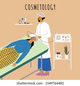 Cosmetology and dermatology concept. Dermatologist making radio frequency facial for woman in beauty clinic. Anti wrinkle, skin care, anti age, rejuvenation procedure. Flat cartoon vector illustration