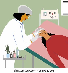 Cosmetology, dermatology concept. Dermatologist making beauty injection or filler into woman face in clinic. Anti wrinkle, anti age, rejuvenation procedure. Flat vector illustration