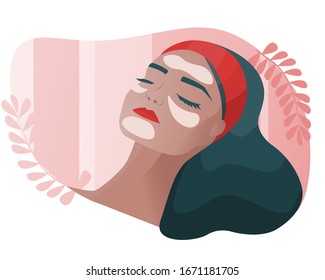 Cosmetology, dermatology. Face care. Girl in a beauty salon. Medical insurance illustration. Facelift and lifting. 
Patches for eyes and face. Moisturizing the skin. Anti-aging care. Vector graphics