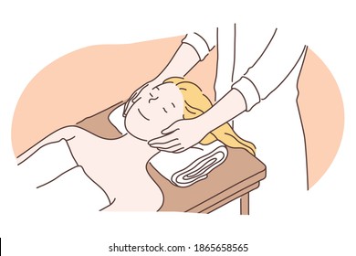 Cosmetology, dermatology, skincare concept. Young smiling woman cartoon character getting procedure of beauty relaxing facial massage from beautician doctor in wellness salon for skin rejuvenation