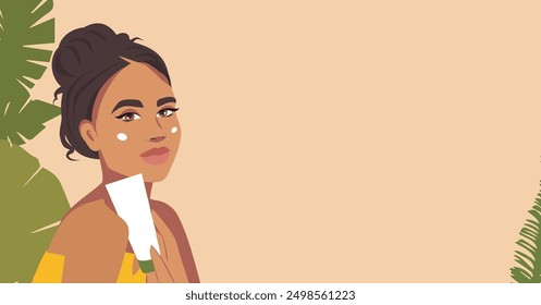 Cosmetology, facial skin care, a girl advertises a cream. A woman advertises skin care products. Vector flat illustration template with greenery and leaves elements for advertising and text, website