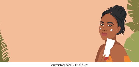 Cosmetology, facial skin care, a girl advertises a cream. Afro woman advertises skin care products. Vector flat illustration template with greenery elements for advertising and text, website, banner