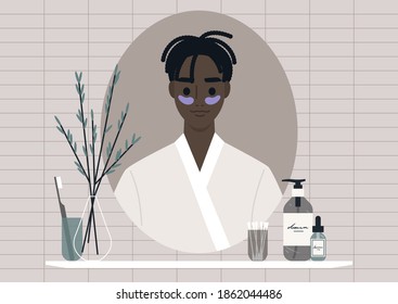 Cosmetology facial treatment, a young male Black character applying hydrating patches under their eyes, daily skin routine