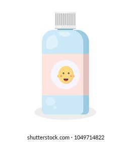 Cosmetology glass, plastic jar. Medical blue bottle with smile cute baby face
Modern flat style vector illustration icon. 
Isolated on white background. Children baby food, milk, cream, powder.