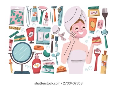 Cosmetology hand drawn elements isolated set with charming woman applying skincare facial mask