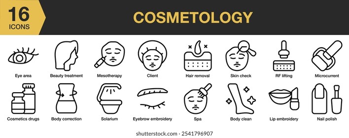 Conjunto de ícones de cosmetologia. Inclui spa, solário, verificação da pele, remoção de cabelo esmalte e Mais. Contornar coleção de vetores de ícones.