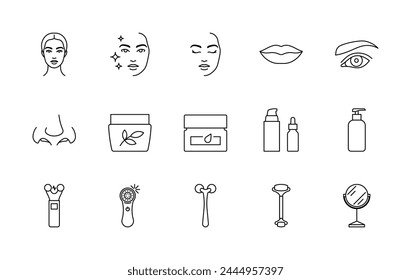 Cosmetology, icon set. Skin care related icons. Skin types skin, facial device, cosmetic products, microcurrent, massage rollers. Female face, cream, gel, serum. Minimalist icons, editable strokes