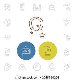 Cosmetology icons set with ad cosmetic, hair and summer sunblock elements. Set of cosmetology icons and medical concept. Editable vector elements for logo app UI design.