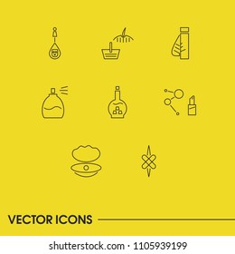 Cosmetology icons set with collagen dropper, cosmetic dna and product skin elements. Set of cosmetology icons and fluid concept. Editable vector elements for logo app UI design.