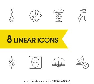 Cosmetology icons set with itchy skin, collagen dropper and face elements. Set of cosmetology icons and scissor concept. Editable vector elements for logo app UI design.