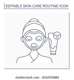Cosmetology line icon. Natural facial mask for cleaning pores. Woman doing beauty procedures. Skin care routine concept. Isolated vector illustration. Editable stroke