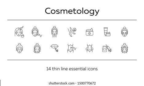 Cosmetology line icon set. Body, lips, cream, face, depilation. Beauty care concept. Can be used for topics like beauty salon, skin care, cosmetologist, cosmetics