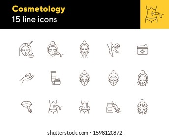 Cosmetology line icon set. Body, lips, cream, face, depilation. Beauty care concept. Can be used for topics like beauty salon, skin care, cosmetologist, cosmetics