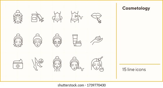 Cosmetology Line Icon Set. Body, Lips, Cream, Face, Depilation. Beauty Care Concept. Can Be Used For Topics Like Beauty Salon, Skin Care, Cosmetologist, Cosmetics