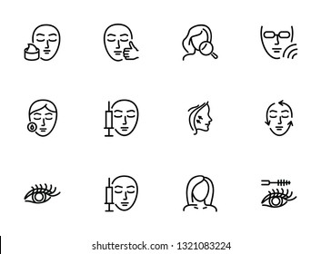 Cosmetology line icon set. Botox injection, solarium, mascara. Beauty concept. Can be used for topics like dermatology, skin care, aesthetics