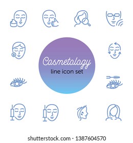 Cosmetology line icon set. Botox injection, solarium, mascara. Beauty concept. Can be used for topics like dermatology, skin care, aesthetics