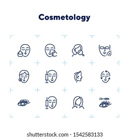 Cosmetology line icon set. Botox injection, solarium, mascara. Beauty concept. Can be used for topics like dermatology, skin care, aesthetics