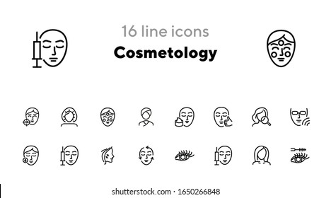 Cosmetology line icon set. Botox injection, solarium, mascara. Beauty concept. Can be used for topics like dermatology, skin care, aesthetics