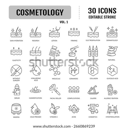 Cosmetology line icon set. Editable stroke. Skin care, treatment, dermatology, stretch marks, facial rejuvenation, refreshes the skin, wrinkles on the face and more. Vector Illustration