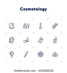 Cosmetology line icon set. Mascara, nail polish, face, lotus flower. Beautician concept. Can be used for topics like beauty salon, beauty care, makeup