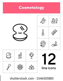 Cosmetology line icon set. Mascara, nail polish, face, lotus flower. Beautician concept. Can be used for topics like beauty salon, beauty care, makeup