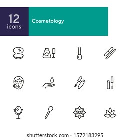 Cosmetology line icon set. Mascara, nail polish, face, lotus flower. Beautician concept. Can be used for topics like beauty salon, beauty care, makeup