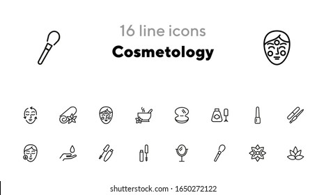 Cosmetology line icon set. Mascara, nail polish, face, lotus flower. Beautician concept. Can be used for topics like beauty salon, beauty care, makeup