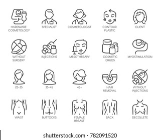 Iconos de línea de cosmetología. Gran conjunto de 20 pictogramas de contorno aislados en fondo blanco. Terapia de belleza, cuidados corporales, salud, tratamientos de bienestar símbolos lineales. Signos gráficos. Ilustración del vector