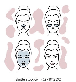 Cosmetology Line icons. Girl take care of her face. Blackheads treatment procedure with blackhead patch. Woman Making Treatment against Dark Circles. Using Anti-aging mask Eye patches.  Vector 