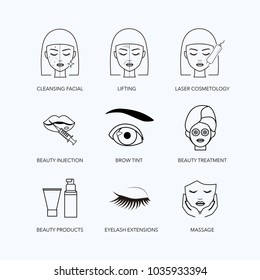 Cosmetology line icons. Set of 9 outline pictograms isolated on grey background