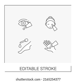 Cosmetology line icons set. Cosmetology. Beauty cosmetic for moisturizing body and care. Self-care concepts. Isolated vector illustrations. Editable stroke