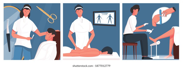 Cosmetology man set of three square compositions with clinic scenery and male clients at cosmetic procedures vector illustration