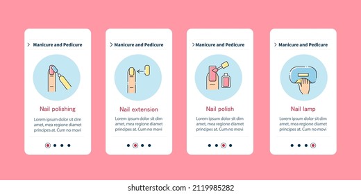  Cosmetology onboarding mobile app. Polishing, extemsion, polish, lamp. Manicure and pedicure steps menu. Set of UI, UX, web template with RGB color linear icons
