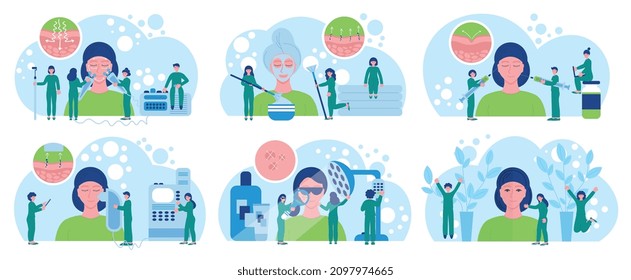 Cosmetology procedure set with isolated compositions of flat human characters with surgery equipment and skin structure vector illustration