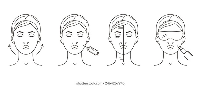 Procedimientos cosmetológicos de masaje facial, inyecciones, lifting y tratamiento de acné con láser. Conjunto de Ilustraciones vectoriales de esquema. Iconos de la clínica de belleza. Concepto de cuidado de la piel de Profesional.