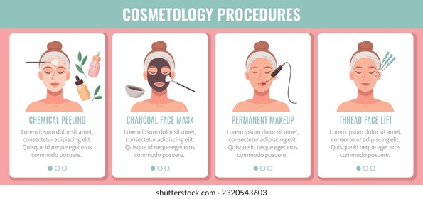 Cosmetology procedures flat cartoon infographics with female faces during medical treatment vector illustration